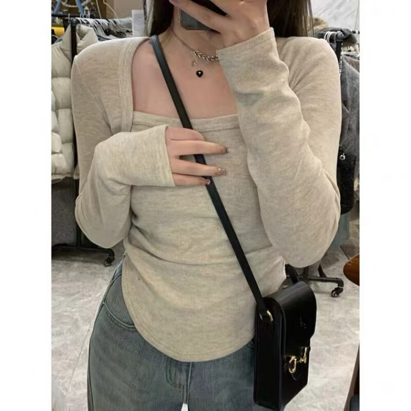 萨姆依方领打底衫女秋冬内搭设计感小众修身显瘦长袖t恤不规则别致上衣 米杏 L