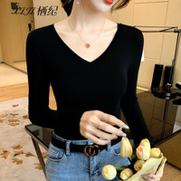 栖纪纯色v领打底衫女春秋内搭修身显瘦百搭时尚长袖上衣 黑色-v领 L  (103-114斤)
