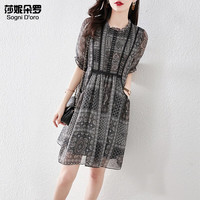 莎妮朵罗大码女装遮肚子显瘦胖女人复古气质雪纺连衣裙收腰中袖裙子17101 黑色 2XL120-140斤穿着