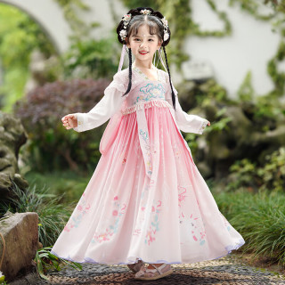 安妮优儿汉服女童春装2024古风连衣裙子夏季女孩唐装儿童超仙古装夏款 粉红色 130