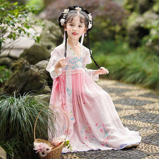 安妮优儿汉服女童春装2024古风连衣裙子夏季女孩唐装儿童超仙古装夏款 粉红色 130