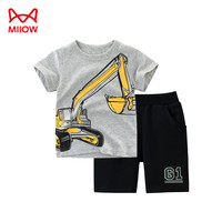 猫人(MiiOW)儿童短袖套装夏季纯棉宝宝睡衣服薄款男小童运动两件套 挖掘机130