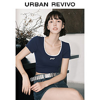 URBAN REVIVO UR2024春季新款女休闲撞色领口字母印花短款短袖T恤UWV440029 宝蓝 M