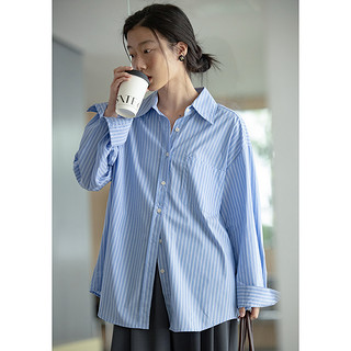 觅定韩版蓝色条纹衬衫秋季女法式设计感小众慵懒风上衣外套秋装