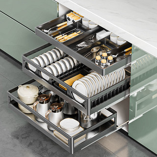 厨房拉篮304不锈钢抽屉式阻尼双层调料橱柜收纳沥水碗碟架