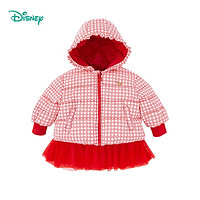 迪士尼(Disney)童装 女童夹棉外套网纱裙摆连帽上衣冬季米妮印花棉服红格4岁/身高110cm