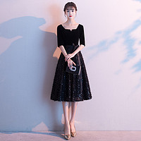 悦诗春沐 黑色晚礼服裙女2023年新款气质平时可穿小个子宴会主持人连衣裙 黑色中长款 XXL