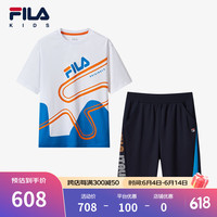 FILA斐乐童装儿童运动套装2024夏季中大童T恤短裤男童短袖五分裤 标准白-FWT 150cm
