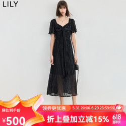 LILY 夏女装气质光泽感复古温柔方领垂坠感连衣裙小黑裙女 510黑 S