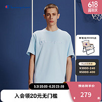 Champion刺绣草写logo短袖T恤 浅蓝色 XL