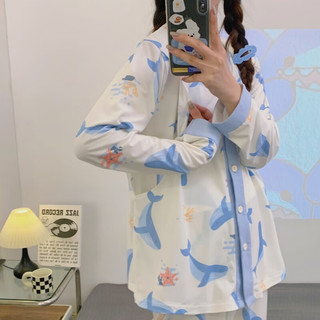 婧麒（JOYNCLEON）月子服春夏产后喂奶家居服休闲开衫睡衣套装 海底小鲸鱼Jyz112019 L码