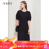 AMII2024夏新优雅通勤圆领灯笼袖收腰连衣裙女雪纺裙小黑裙子12422094
