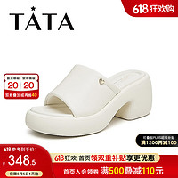 他她（TATA）一字高跟拖鞋女外穿时尚纯色舒适凉拖2024夏7ZV01BT4 米白 38