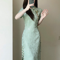 乐娇妮 国风改良旗袍2023年夏季新款波浪裙绿色中长款新中式连衣裙日常