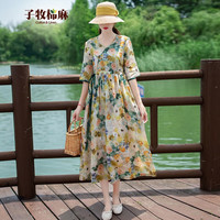 子牧棉麻2024夏装 女文艺碎花女中长款宽松收腰显瘦气质连衣裙6611 花色 M(95-110斤)