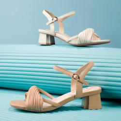 belle百丽女鞋新真皮高跟鞋法式一字带粗跟凉鞋女夏外穿