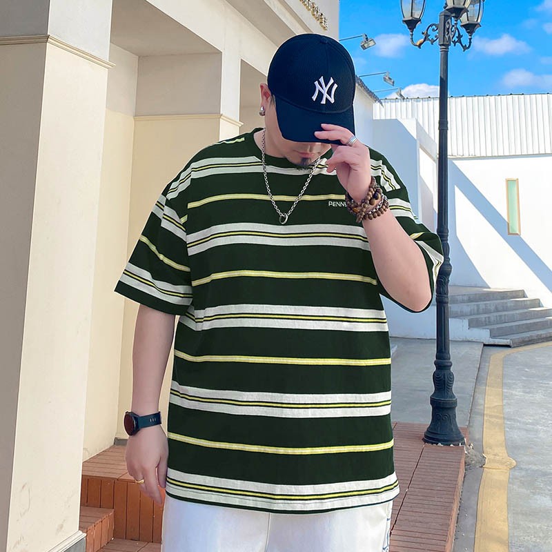 素行者夏季大码条纹圆领T恤男装短袖纯棉潮胖子刺绣绣花半袖体恤衫