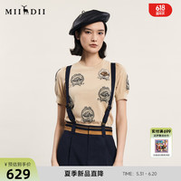 谜底套头针织衫短袖女2024夏季新品复古文艺风提花上衣242MZ0856 深蓝 S