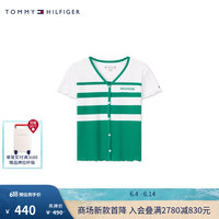 TOMMY HILFIGER24春夏童装女甜美荷叶边刺绣撞色条纹短袖上衣TH2422714 绿白条纹658 7/130cm