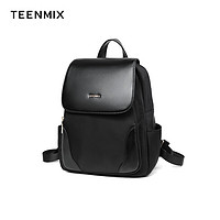 TEENMIX 天美意 双肩包牛皮背包大容量旅行书包电脑 黑色