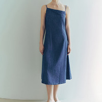 URBAN REVIVO 女装设计感斜肩领吊带牛仔连衣裙UWG840191 蓝色 S
