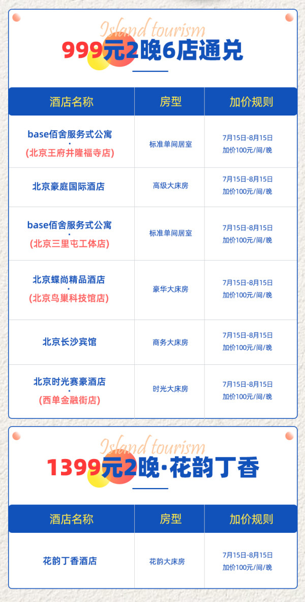 可拆分!位置都不错,暑假头尾不加价!北京市区7店2晚通兑套餐