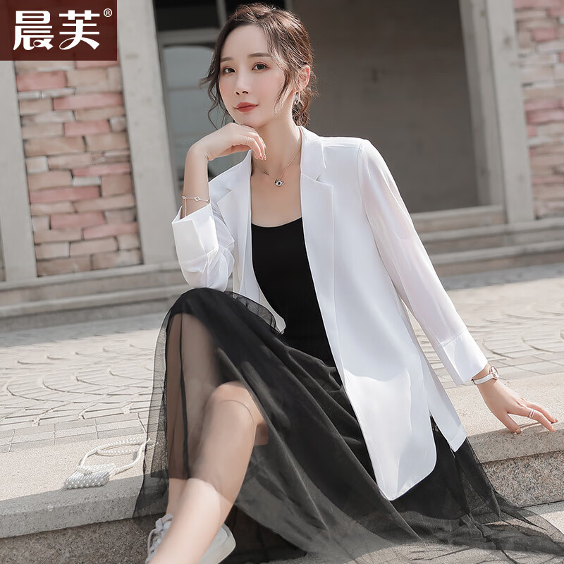 晨芙雪纺小西装外套女夏季薄款透气休闲时尚气质防晒宽松垂感西服上衣 白色外套 XL（110-120斤）