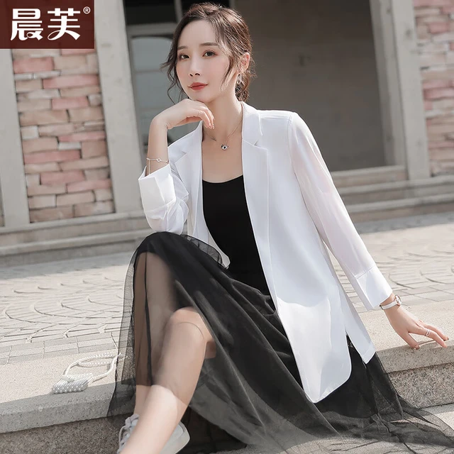 晨芙雪纺小西装外套女夏季薄款透气休闲时尚气质防晒宽松垂感西服上衣 白色外套 XL（110-120斤）