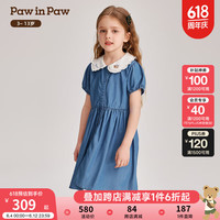PawinPaw卡通小熊童装2024年夏季新款女童撞色翻领牛仔连衣裙 Indigo牛仔蓝色/55 1