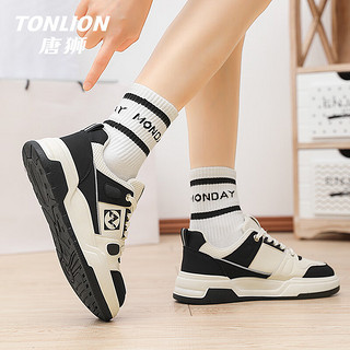 唐狮（TonLion）女鞋夏季厚底鞋子女百搭板鞋女士增高运动黑白熊猫鞋 米黑 35码 