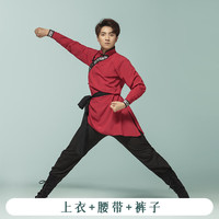 氧家蒙古族服装男 舞蹈服装成人男演出服少数民族艺考草原舞骑马 红色：上衣+腰带+裤子+鞋套 2XL
