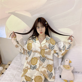 婧麒（JOYNCLEON）春夏季家居服女士睡衣宽松家居开衫长袖套装舒适透气 黄色花朵Jsy127380 XL码