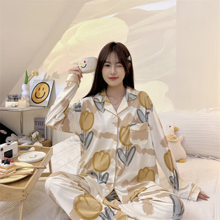 婧麒（JOYNCLEON）春夏季家居服女士睡衣宽松家居开衫长袖套装舒适透气 黄色花朵Jsy127380 XL码