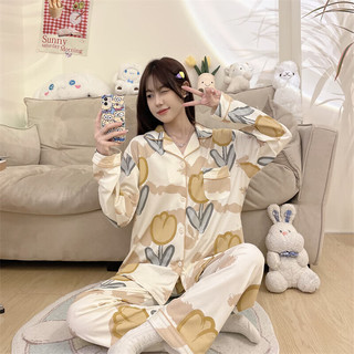 婧麒（JOYNCLEON）春夏季家居服女士睡衣宽松家居开衫长袖套装舒适透气 黄色花朵Jsy127380 XL码