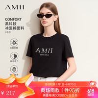 AMII2024夏新款休闲圆领字母钉珠印花抗菌短袖T恤女棉弹力12412011