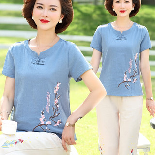 恒源祥中年妈妈装夏装纯棉刺绣T恤棉麻中老年人女装衣服两件套 蓝色 2XL【建议105-115斤】