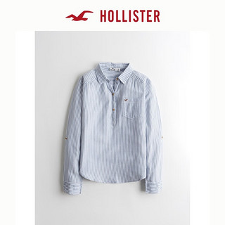 HOLLISTER春夏辣妹风LOGO套头纽扣宽松垂感衬衫上衣 女 308185-1 浅蓝色条纹 XXS