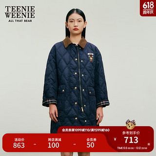 Teenie Weenie小熊秋冬学院风长款领子撞色棉服复古时髦 藏青色 170/L