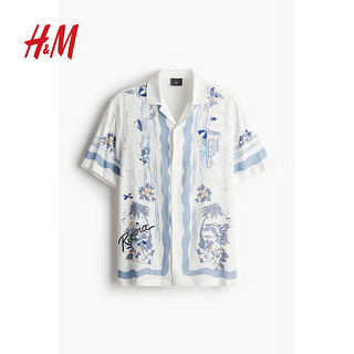 H&M男装衬衫2024夏标准版型粘纤印花古巴领衬衫1234948 蓝色/Riviera 165/84 XS