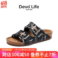 Devo 的沃 Life的沃软木拖女鞋休闲牛仔布平底时尚外穿一字拖套脚女拖鞋22008 黑色牛仔布 40