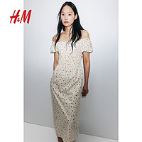 H&M HM女装连衣裙2024夏季 新款气质花卉印花一字肩短袖中长裙1230970