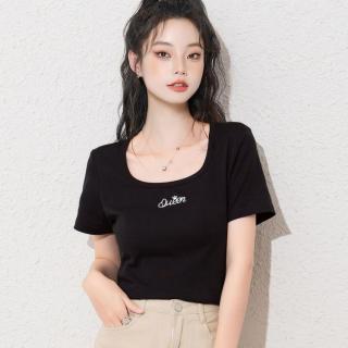 DEBRAND 春夏简约短袖T恤女时尚刺绣U型领露锁骨针织衫女