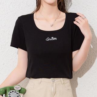 DEBRAND 春夏简约短袖T恤女时尚刺绣U型领露锁骨针织衫女