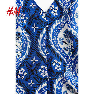 H&M女士2024夏季连衣裙无袖V领A字短款吊带裙1233207 亮蓝色/图案 155/80