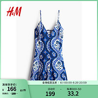 H&M女士2024夏季连衣裙无袖V领A字短款吊带裙1233207 亮蓝色/图案 170/116