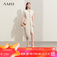 AMII 2024夏通勤优雅圆领绑带配腰带连衣裙女开叉连袖垂感裙子12442155 杏色 160/84A/M