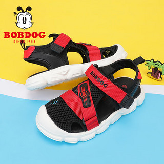 巴布豆（BOBDOG）童鞋男童夏季包头鞋子中大童休闲透气沙滩鞋儿童运动凉鞋 黑/红 30码内长19.3cm