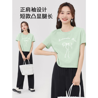 真维斯100%纯棉短裤圆领短袖T恤女夏季2024年时尚休闲通勤风上衣 黑-白色蝴蝶结 M