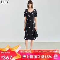 丽丽 LILY2024夏女装复古泡泡袖时尚印花气质方领高腰连衣裙小黑裙 510黑 S