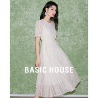 百家好(Basic House)夏蕾丝刺绣粉色连衣裙中长款套头气质短袖裙子B0624B5L382 粉色